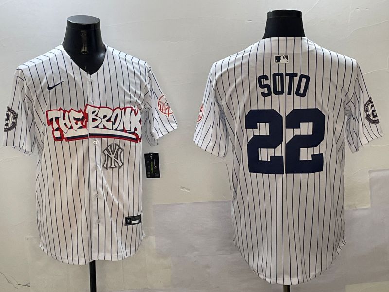Men New York Yankees 22 Soto White Stripe four generations Joint Name 2025 Nike MLB Jersey style 9